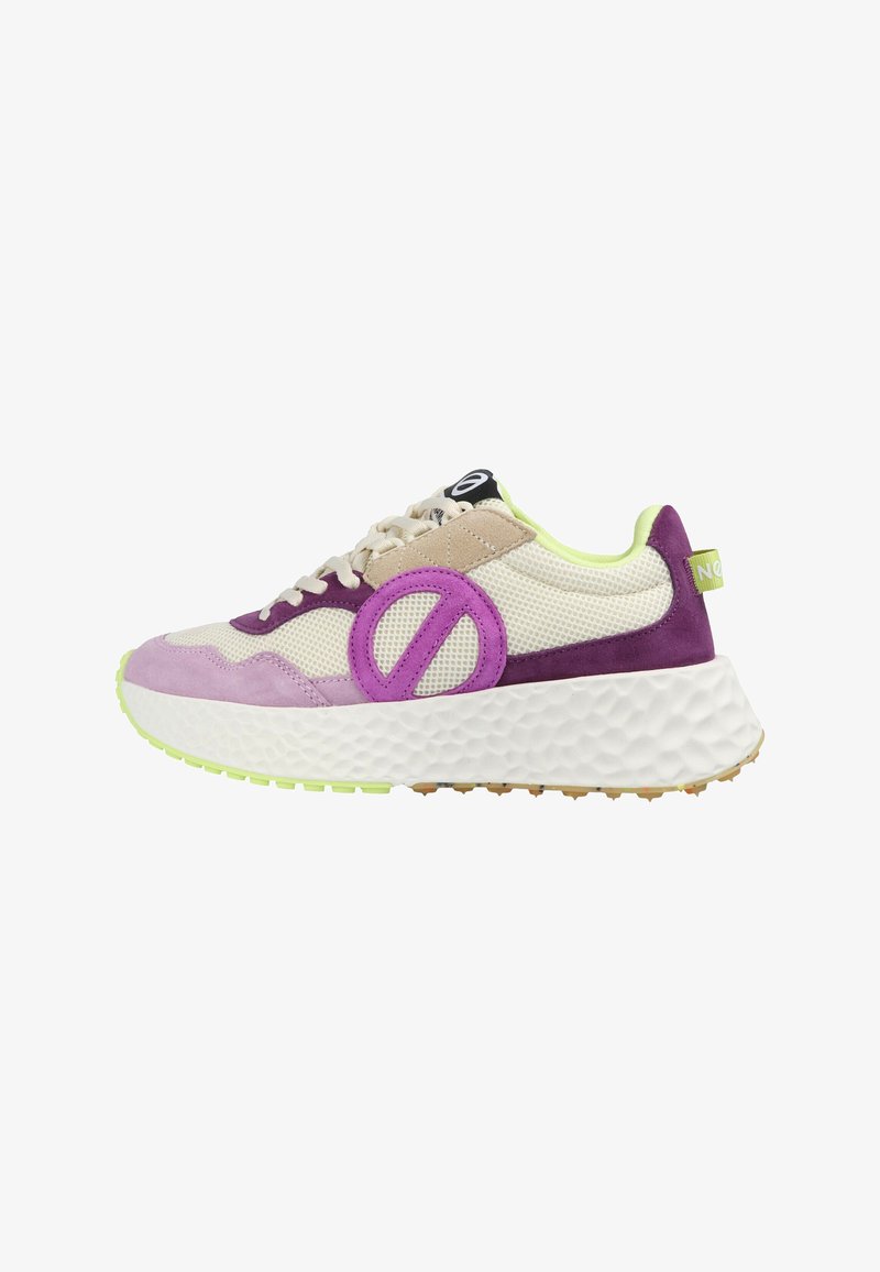 Sneakers with a mesh upper in beige, purple suede accents, and a green outsole. Features a prominent circular logo and textured sole.