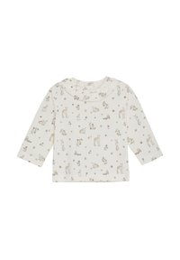 Långärmad gräddfärgad topp med en volangkrage, prydd med djur- och blommönster i beige och bruna nyanser, tillverkad av mjukt bomullstyg.