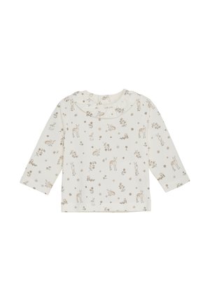 Langärmliges cremefarbenes Oberteil mit einem rüschigen Kragen, das Tier- und Blumenmuster in Beige- und Brauntönen aufweist, aus weichem Baumwollstoff gefertigt.