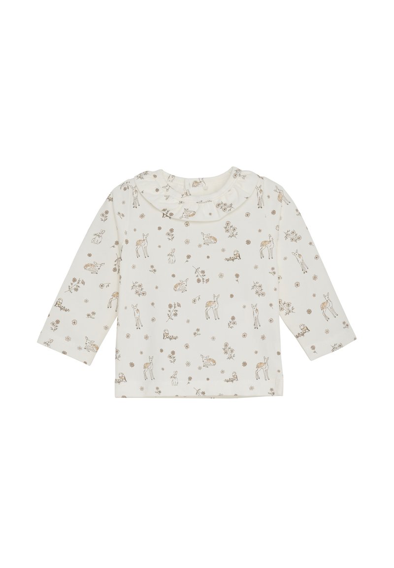 Långärmad gräddfärgad topp med en volangkrage, prydd med djur- och blommönster i beige och bruna nyanser, tillverkad av mjukt bomullstyg.