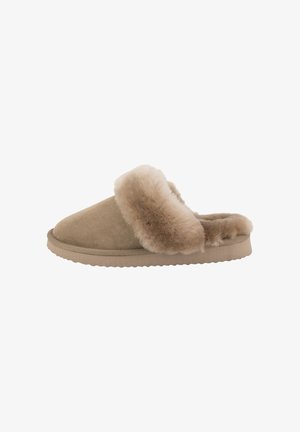 Wildlederschuhe in Hellbraun mit einem weichen, künstlichen Fellkragen. Verfügt über eine abgerundete Zehenpartie und eine strukturierte Gummisohle für guten Halt.