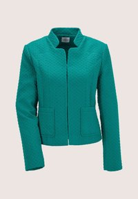 Teal textuurjasje met een Mandarin-kraag, voorzakken en gestructureerde pasvorm. Heeft een subtiel patroon door de stof.