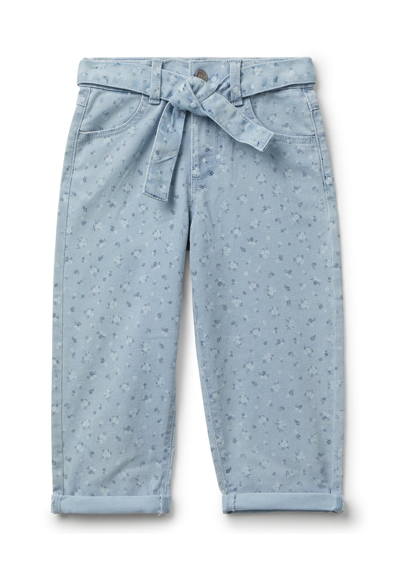 Světle modré denimové kalhoty s květinovým vzorem, zúžený střih, ohrnuté nohavice a odpovídající látkový pásek. Obsahují standardní kapsy a zapínání na knoflík.