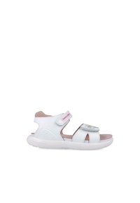 Sandal bianco con cinturino in velcro, design con ritagli, soletta imbottita e un accento floreale decorativo. Suola in gomma per una migliore aderenza.