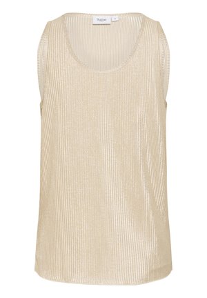 Bežinė be rankovių palaidinė su vertikaliai raukšlėta tekstūra, apvaliu kaklu ir laisvu siluetu. Pagaminta iš lengvo, blizgaus audinio. Matomas prekės ženklas.