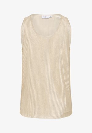 Beige sleeveless top with vertical ribbed texture, a rounded neckline, and a relaxed fit. Made from lightweight, shiny fabric. Brand label visible.