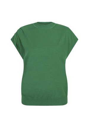 Green short-sleeved sweater with a high neckline and relaxed fit. Made of smooth fabric, featuring subtle stitching details at the shoulders.