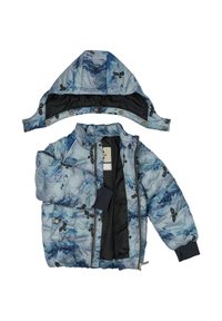 Zila pūdera jaka ar noņemamu kapuci, ziedu rakstu, rāvējslēdzēja aizdari un ribotām aprocēm. Iekšpusē vienkrāsaina melna oderējuma.