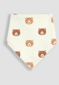 Puuvillane beebide bandana söögibli, millel on koorevärvi taust ja korduvad joonistatud pruuni karu näod erinevates toonides. Kolmnurkne kuju, mille ääred on õmmeldud.