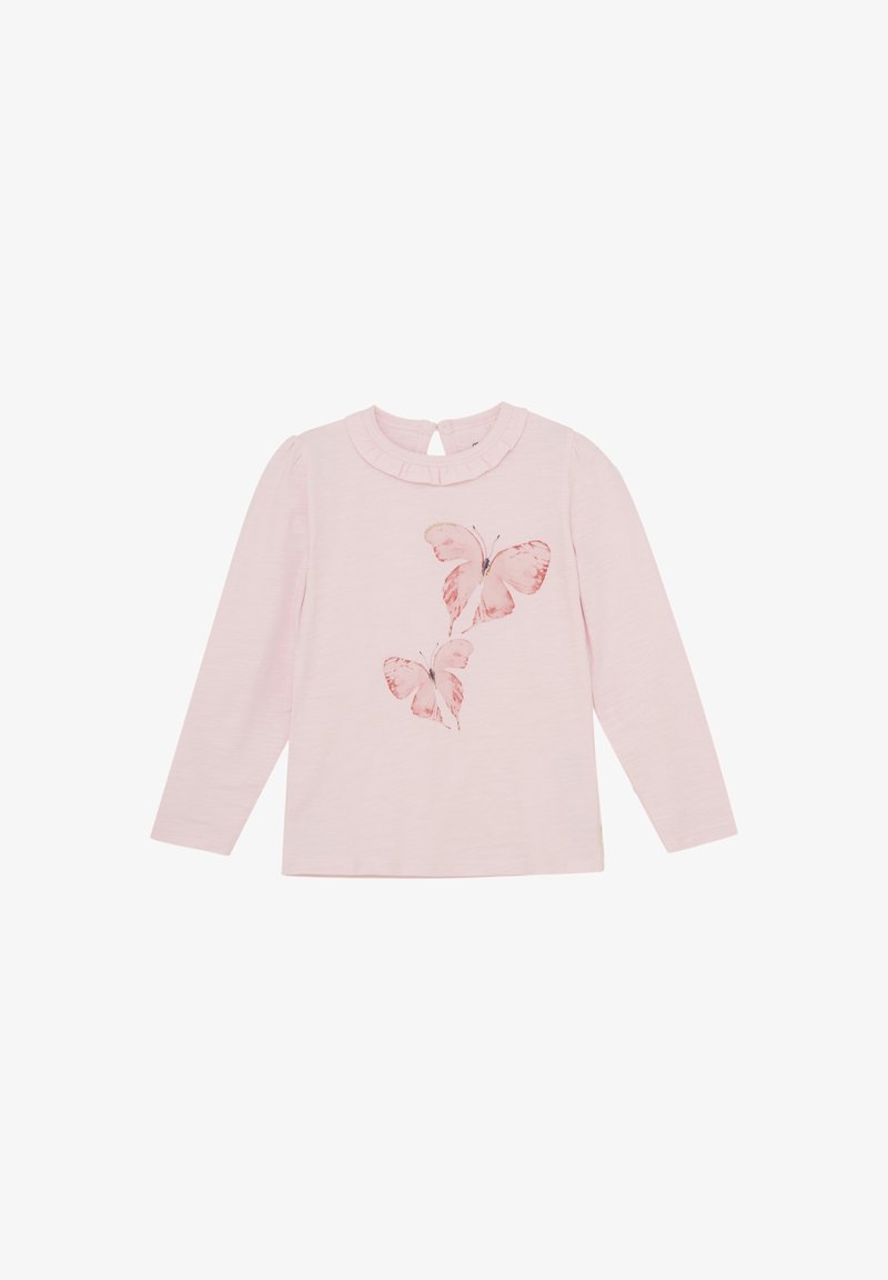 Chemise à manches longues rose avec un col froncé et deux imprimés de papillons en rose et violet au centre, fabriquée en tissu doux.