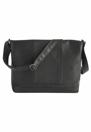 Black leather messenger bag with a textured flap, adjustable strap, and minimalist design. Features smooth and pebbled leather sections.