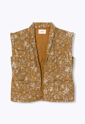 Gilet sans manches matelassé avec une base marron, motif floral blanc et bleu, devant ouvert et petit col, présenté à plat sur fond blanc.