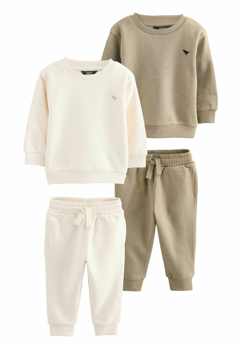 Zwei Sets von Kinder Sweatshirts und Sweatpants. Farben: off-white und olivgrün. Weicher Stoff, gerippte Bündchen, elastische Taillenbänder und Taschen.