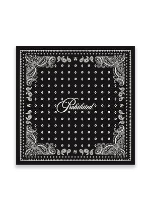 Sort bandana med hvide paisley-mønstre, små geometriske former og ordet "Forbudt" centreret i kursiv font.