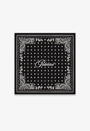 Black bandana with white paisley patterns, small geometric shapes, and the word "Prohibited" centered in cursive font.