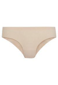 Sous-vêtement féminin beige style bikini sans coutures, tissu lisse sans coutures visibles ni motifs.
