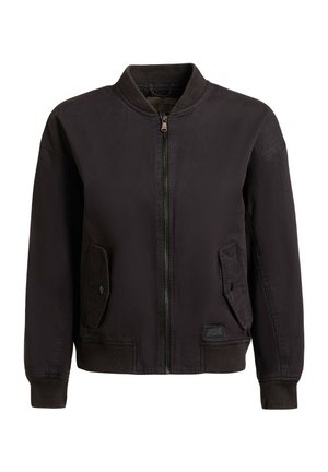 Schwarze Bomberjacke mit Reißverschluss vorne, geripptem Kragen, Bündchen und Saum sowie zwei schrägen Taschen mit Knopflaschen.