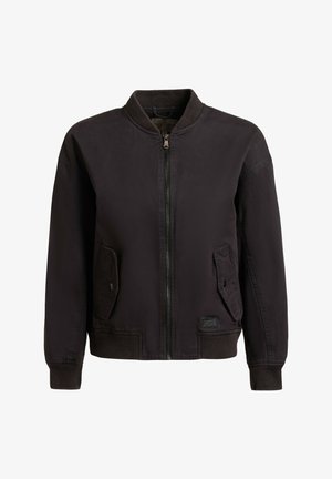 Schwarze Bomberjacke mit Reißverschluss vorne, geripptem Kragen, Bündchen und Saum sowie zwei schrägen Taschen mit Knopflaschen.