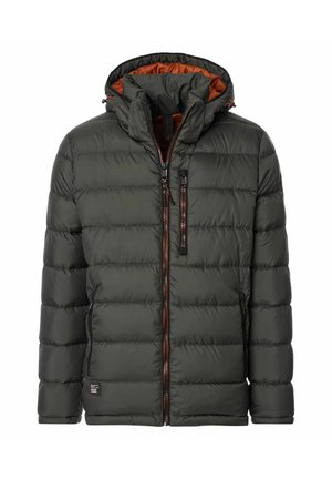 Puffer jacket in dark green with a quilted design, featuring a hood, orange lining, and zippered pockets. Includes contrast stitching details.
