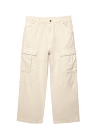 Beige cargo bukser lavet af bomuld, med to sidelommer, lige benudskæring og syede detaljer over det hele. Ser letvægtige og holdbare ud.
