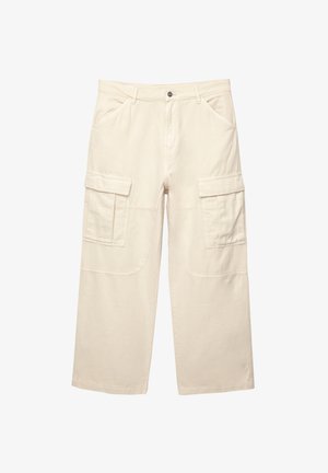 Beige cargo-housut, jotka on valmistettu puuvillasta, sisältävät kaksi sivutaskua, suoran lahkeensuunnittelun ja koko matkalta ommellut yksityiskohdat. Näyttää kevyeltä ja kestävältä.