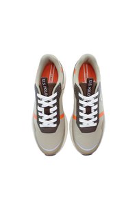 Beige and brown sneakers with white laces, orange stripe, textured upper, and logo on the side. Padded collar and tongue detail.