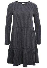 Mörkgrå klänning med långa ärmar som har en ribbad textur, rund halsringning och flerfaldig kjoldesign. Tillverkad av mjukt tyg, avslappnad passform.