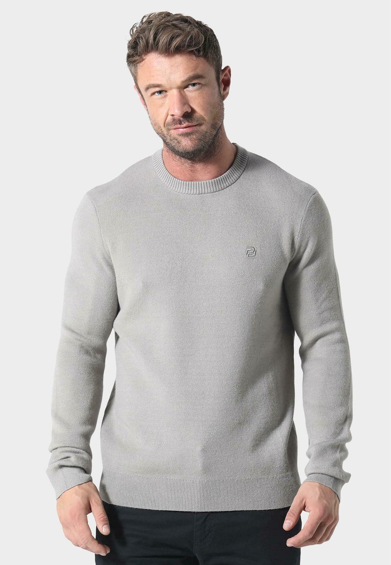 Helles grauer Rundhalspullover aus weichem Stoff, mit ribbeltem Ausschnitt und Bündchen, versehen mit einem kleinen Logo auf der Brust.