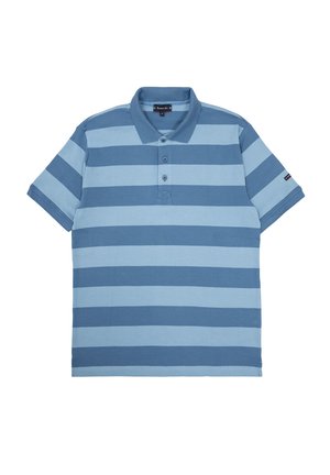 Polo shirt rayé en bleu clair et foncé. Manches courtes, col avec trois boutons, en coton doux. Pas de motifs ou accents notables.