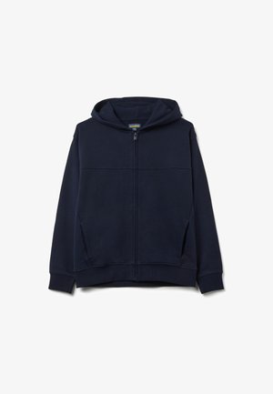 Sudadera con cremallera azul marino, con cierre frontal, bolsillos tipo canguro, puños y dobladillo acanalados, hecha de una suave combinación de algodón texturizado.