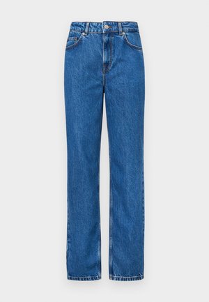 Niebieskie dżinsy z wysokim stanem, prostą nogawką, białymi przeszyciami oraz klasycznym zapięciem na guzik w talii.