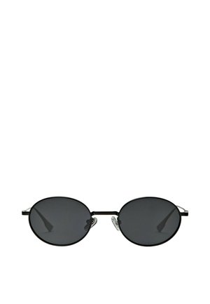 Schwarze ovale Sonnenbrille mit dünnem Metallrahmen und Nasenpads auf weißem Hintergrund.