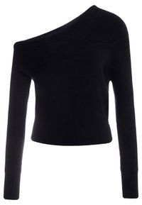 Černý pletený svetr s dlouhým rukávem a asymetrickým výstřihem na jedno rameno, s žebrovanými manžetami a spodním lemem.
