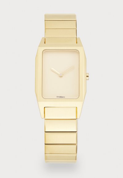 Gold wristwatch with a rectangular case, a minimalist dial, and a metallic band featuring brushed and polished finishes.