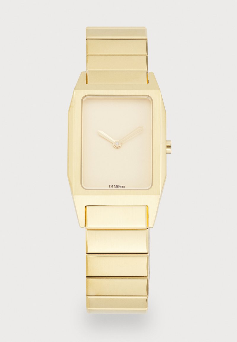 Gold wristwatch with a rectangular case, a minimalist dial, and a metallic band featuring brushed and polished finishes.