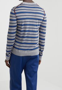 Suéter gris a rayas con líneas horizontales en azul y marrón, de cuello redondo, con puños y dobladillo acanalados. Lleva pantalones azules.