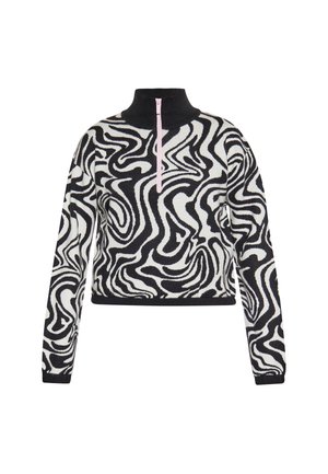Pullover accorciato con un motivo ondulato in bianco e nero, realizzato in maglia textured. Presenta un colletto alto e una zip rosa.