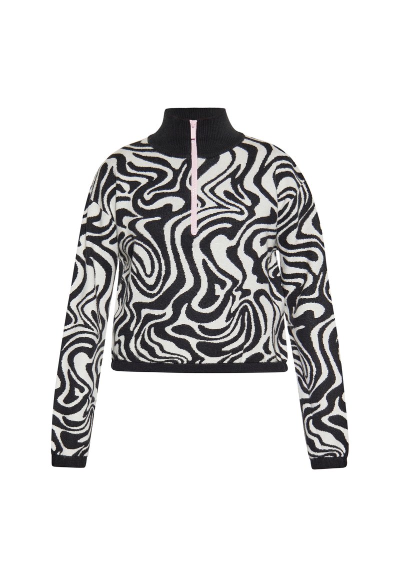 Gekürzter Pullover mit einem schwarz-weißen Wellenmuster, aus einem strukturierten Strickstoff gefertigt. Verfügt über einen Stehkragen und einen pinken Reißverschluss.
