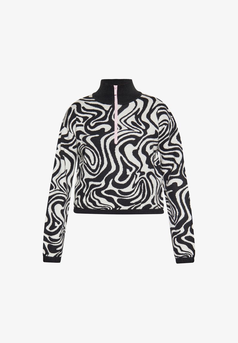 Pullover accorciato con un motivo ondulato in bianco e nero, realizzato in maglia textured. Presenta un colletto alto e una zip rosa.