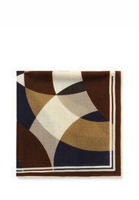Multicolored patterned scarf featuring curved shapes in brown, cream, blue, and beige, bordered by a cream and brown stripe.