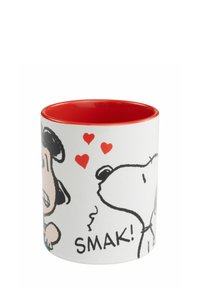 Tazza in ceramica con esterno bianco, interno rosso, personaggi dei cartoni animati neri e una nuvoletta che dice "SMAK!" insieme a icone di cuori rossi.