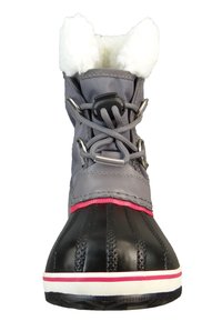 Szare wodoodporne buty z kołnierzem z sztucznego futra, gumowym czubkiem i teksturowaną czarną dolną częścią. Posiadają szare sznurówki i różowy akcent w formie paska.