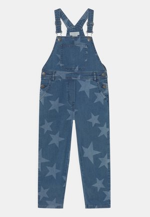 Salopette en denim avec bretelles réglables, poche poitrine avant, boutons latéraux et un motif léger d’étoiles sur tout le tissu.