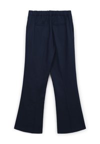 Hosen in Marineblau mit elastischem Bund, ausgestellt geschnitten und zwei Seitentaschen. Glattes Material mit strukturiertem Sitz und ohne sichtbare Muster.