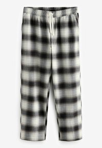 Sorte og hvide ternede bukser med elastisk talje, snoretræk og en afslappet pasform. Stoffet har en blød tekstur med et moderne mønster.