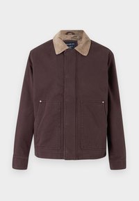 Mørkebrun jakke lavet af solidt stof, med en corduroykrave, to forlommer og en lige skæring.