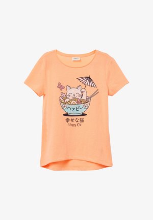 Kurzärmeliges orangefarbenes T-Shirt aus weichem Baumwollstoff, mit einem Cartoon-Katze in einer Nudelschale mit Essstäbchen, einem Schmetterling und Text in Japanisch und Englisch.