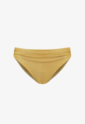 Slip bikini giallo in tessuto testurizzato, con dettagli arricciati ai lati e design a vita bassa. Fodera interna liscia.