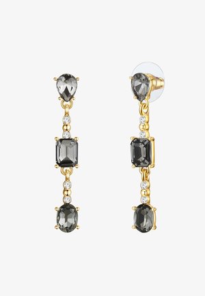 Kuldtoonilised ripatsiga kõrvarõngad, millel on selged ja hallid kalliskivid erinevates vormides: tilk, ruut ja ovaal, metallaktsentidega.