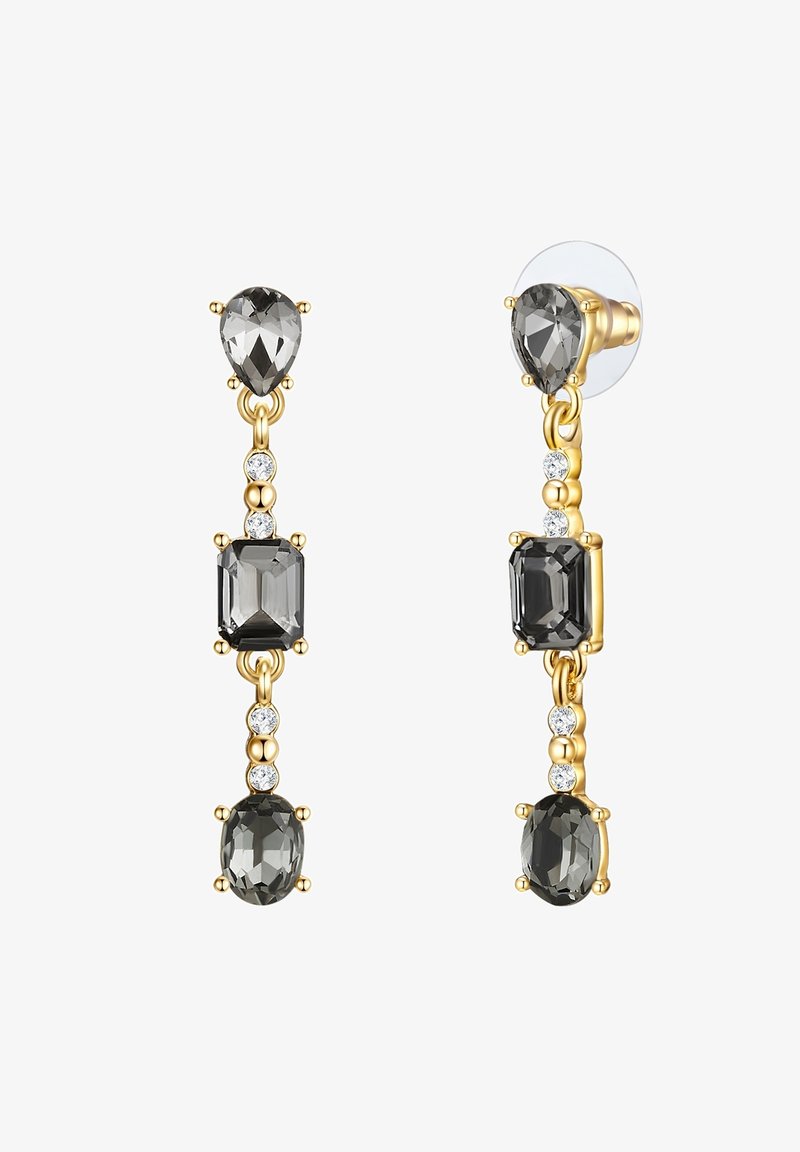 Aukso spalvos kabančios auskarai, kuriuose yra skaidrių ir pilkų akmenų įvairių formų: ašaros, kvadratai ir ovalai, su metaliniais akcentais.